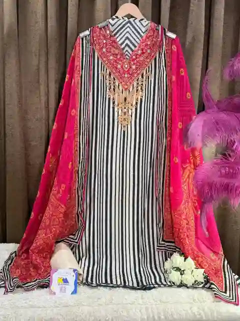 Premium Pure Muslin Striped Embroidered Unstitched Suit Set