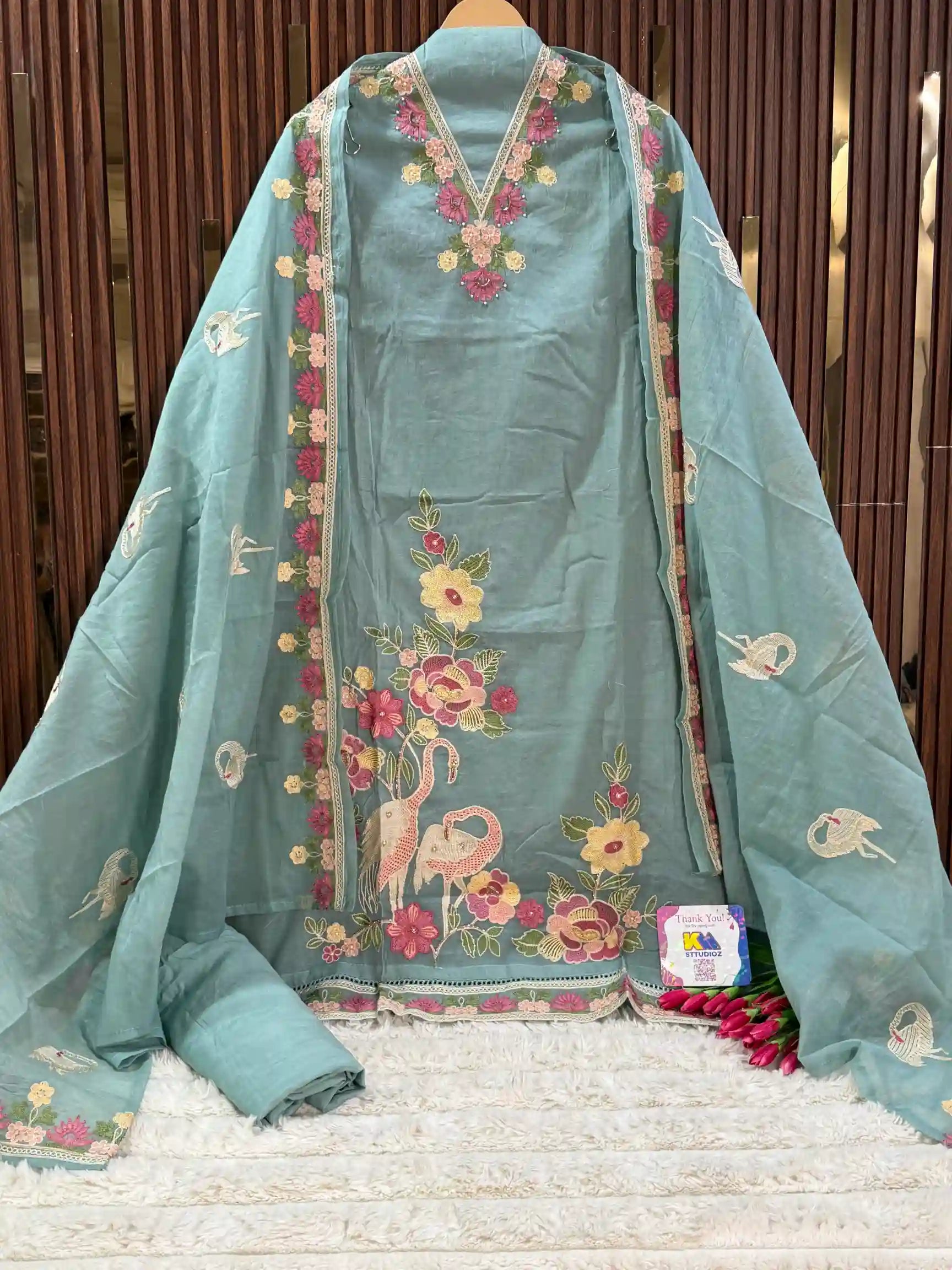 Mul Chanderi Flamingo Designer Suit Set