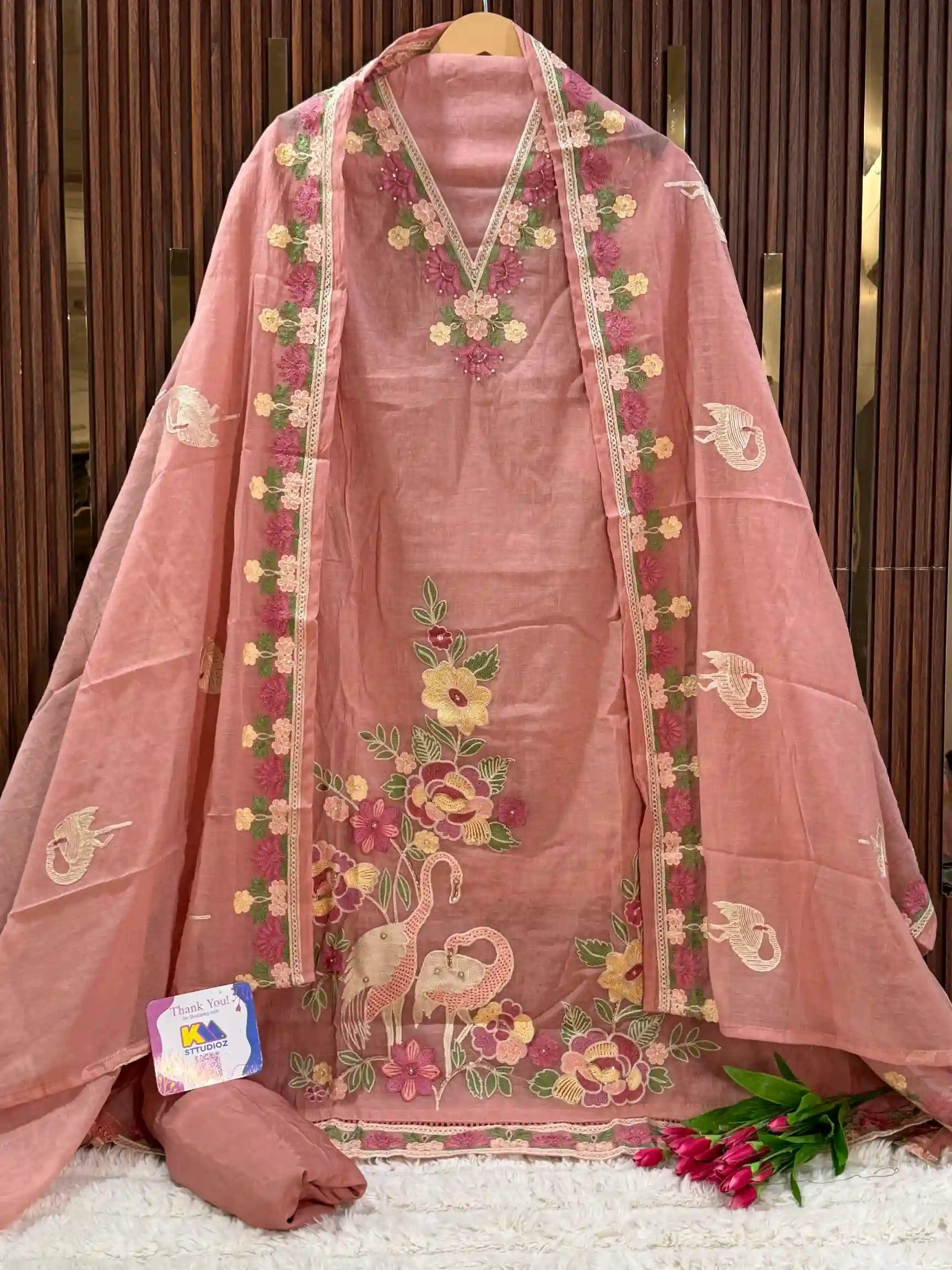 Mul Chanderi Flamingo Designer Suit Set