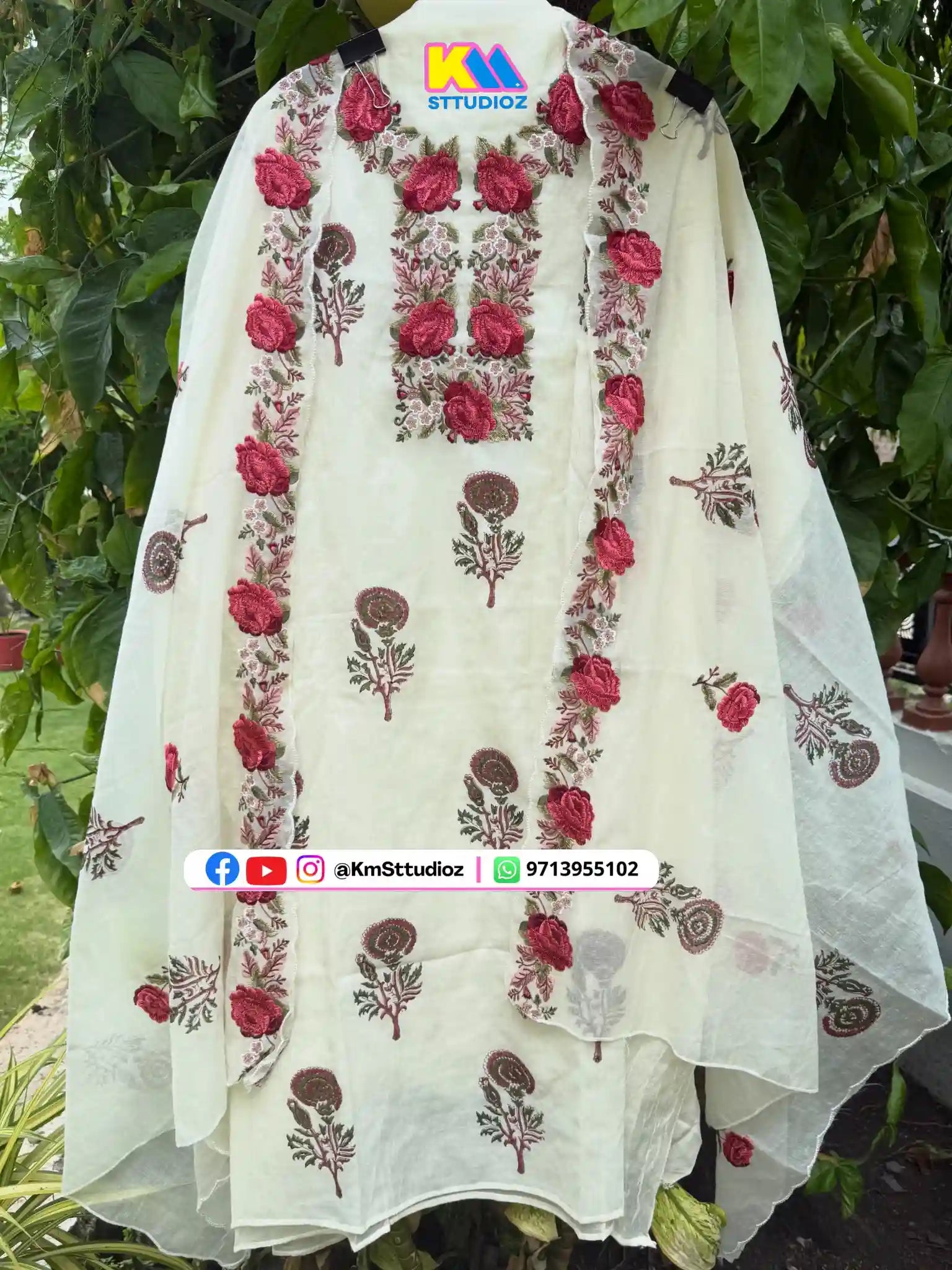 Roses Block Print Mul Chanderi Suit Set