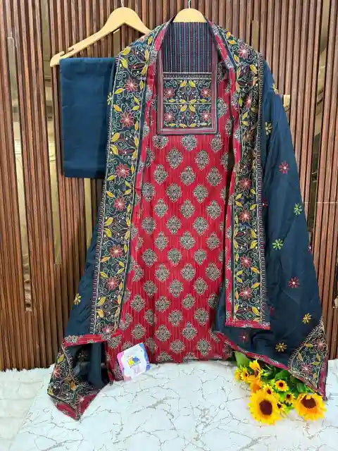 Jaipuri Cotton Ajrakh Thread Embroidery Designer Kurta Set