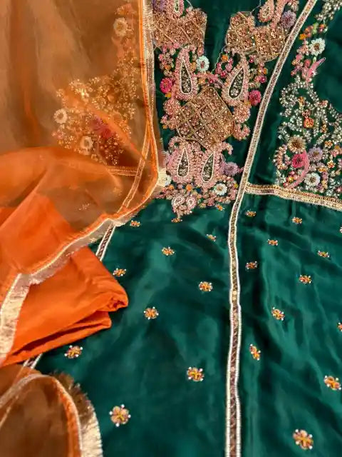 Pure Satin Organza Hand-Embroidered Couture Suit Set