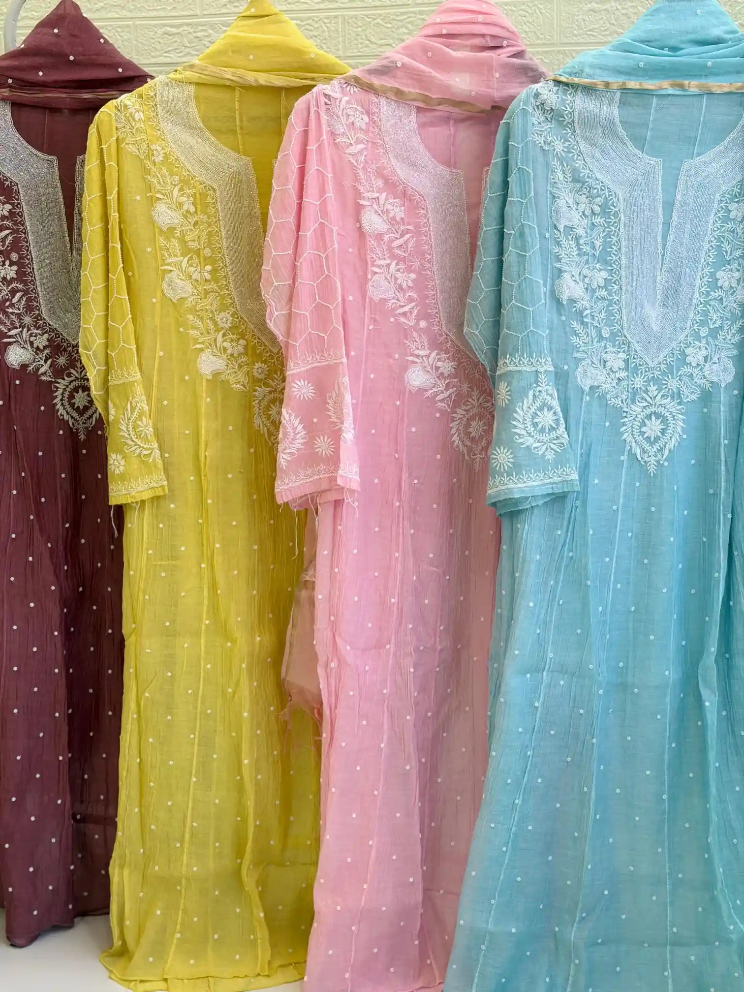 Premium Mul Chanderi Semi-Stitched Lucknowi Chikankari Anarkali Kurta & Dupatta Set