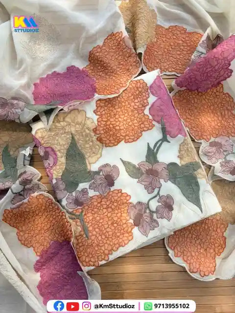 Premium Pastel Floral Appliqué Mul Cotton Designer Suit Set