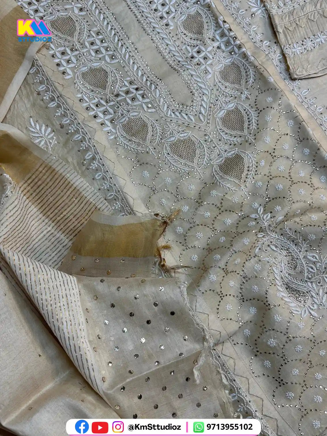 Pure Handloom Desi Gaachi Tussar Silk Lucknowi Chikankari Kurta & Dupatta Set