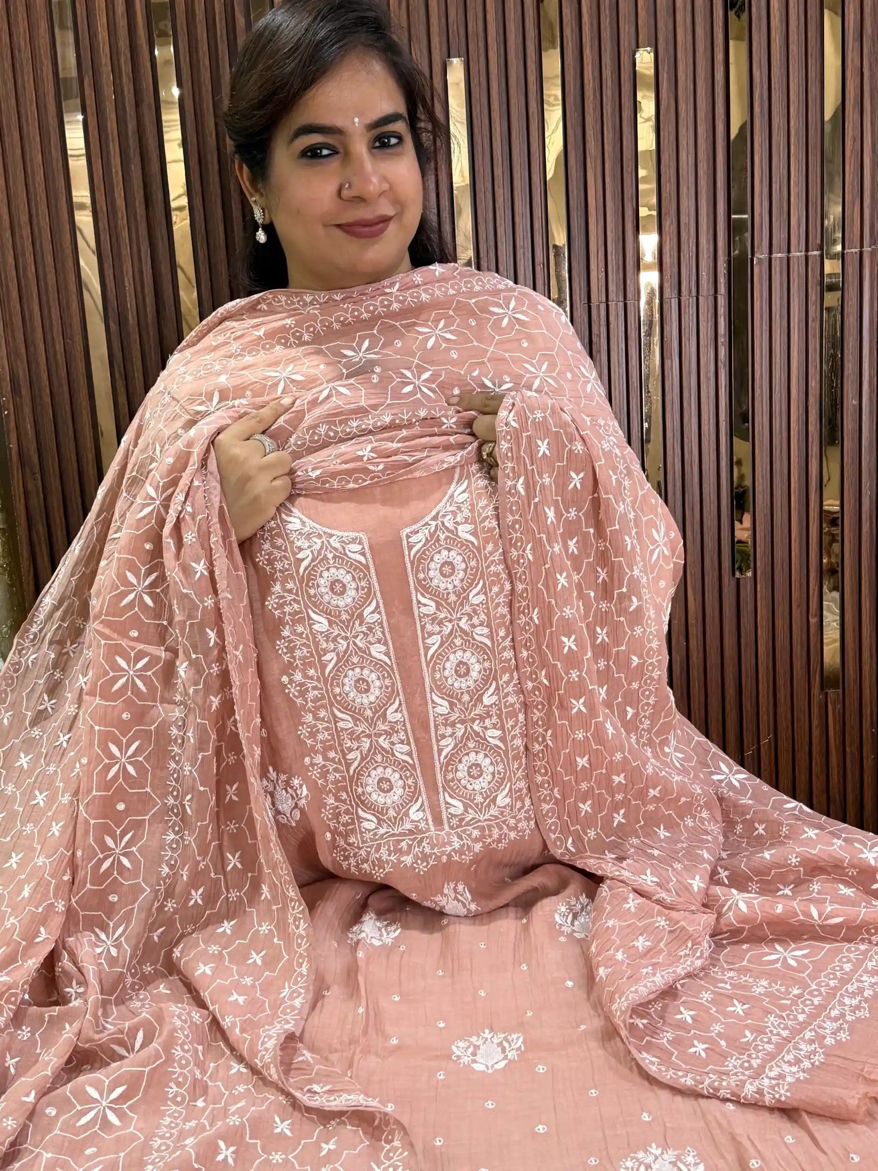 Pure Mul Chanderi Semi-Stitched Lucknowi Chikankari Kurta & Dupatta Set