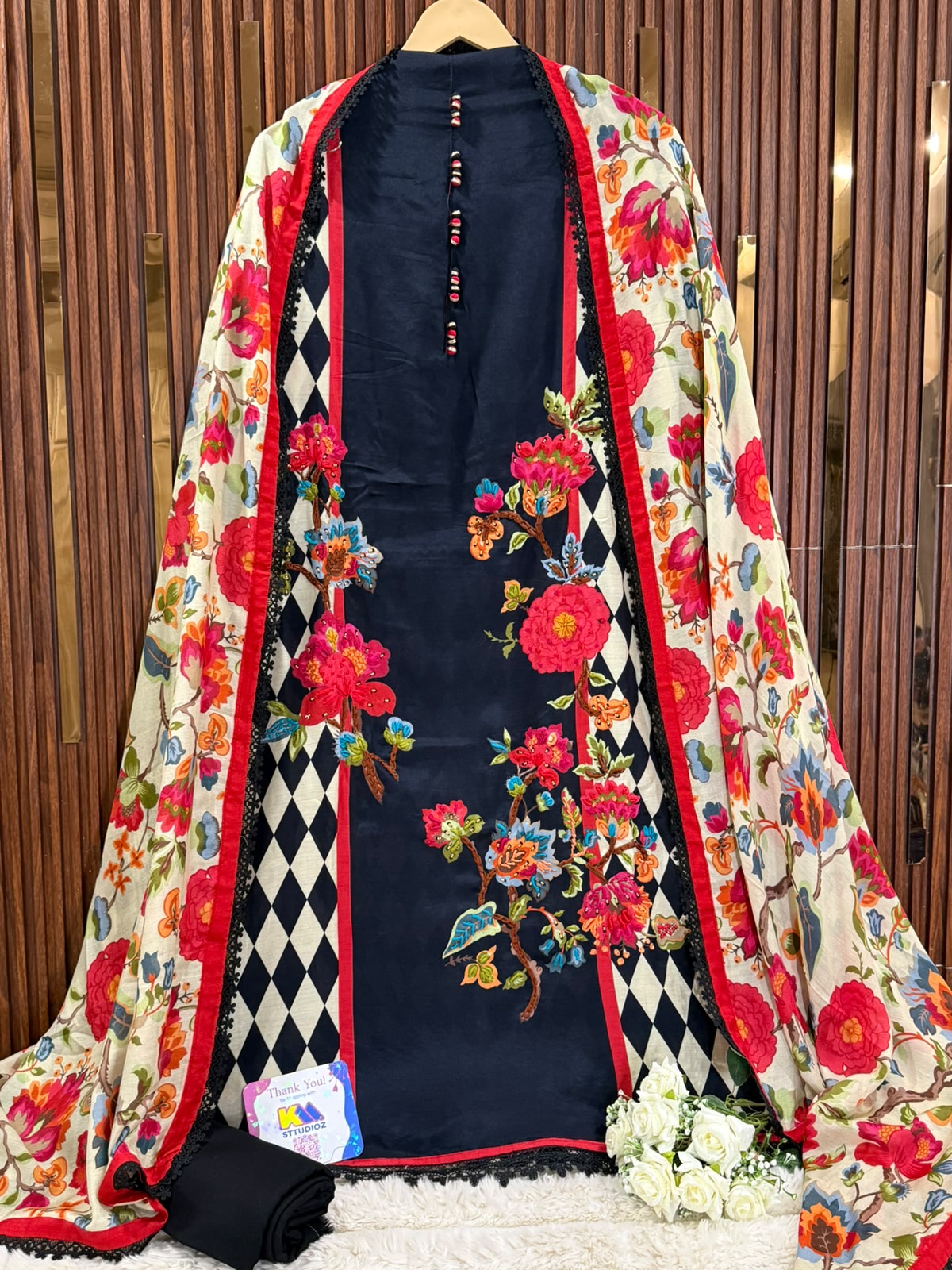 Pure Muslin Cotton Designer Suit Set with Floral Chiffon Dupatta