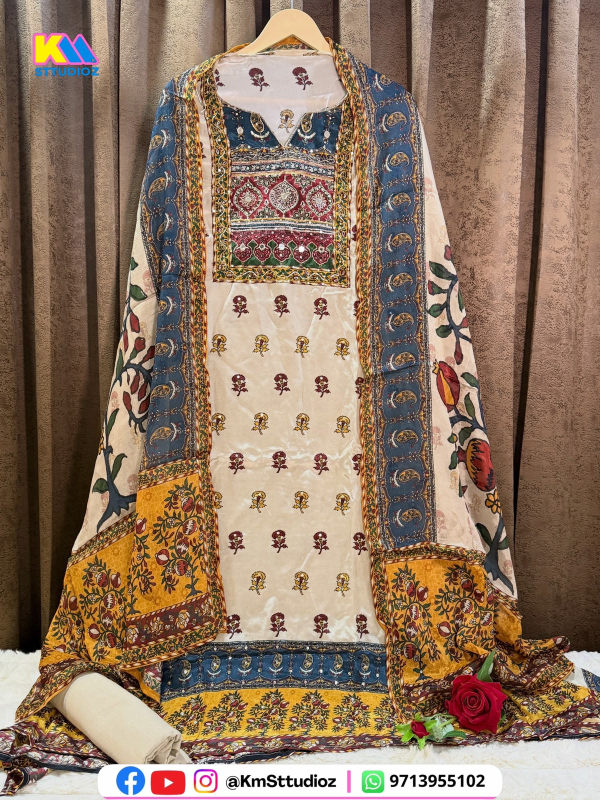 Pure Crepe Ajrakh Unstitched Suit with Chinon Chiffon Dupatta