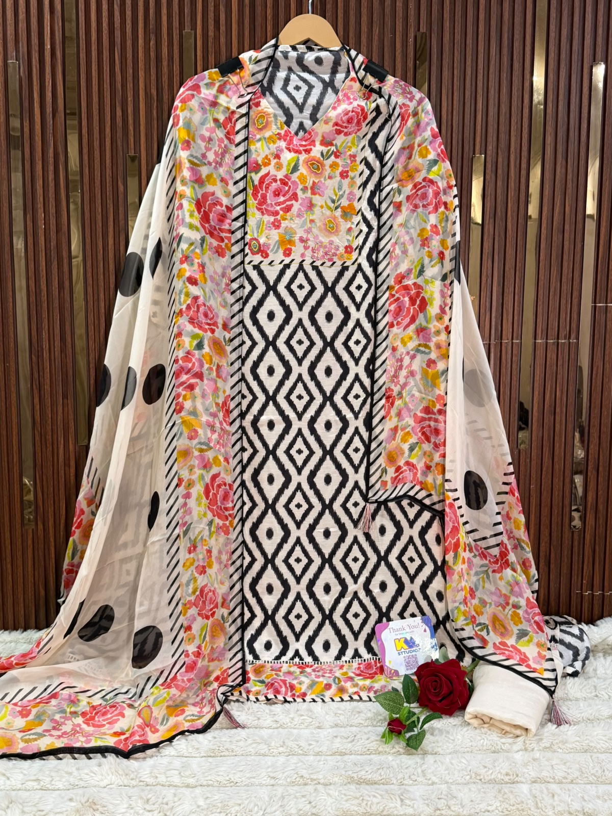 Monochrome Muslin Floral Designer Suit Set