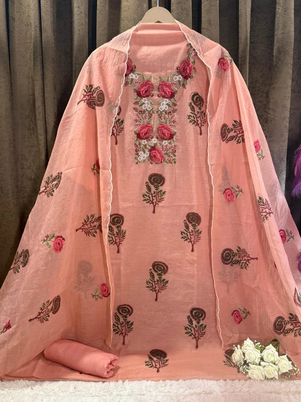 Roses Block Print Mul Chanderi Suit Set