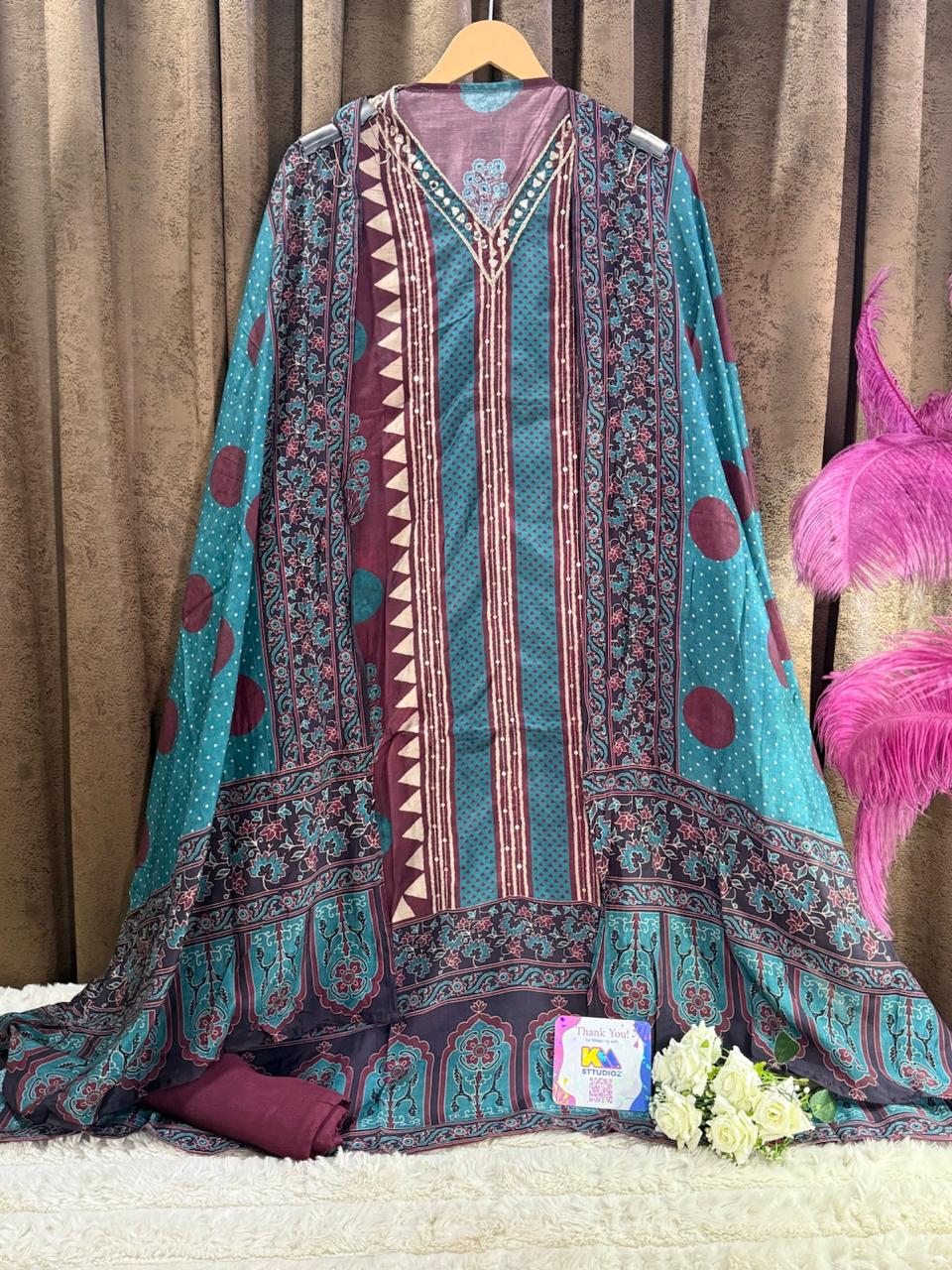 Premium Muslin Designer Ajrakh Suit Set