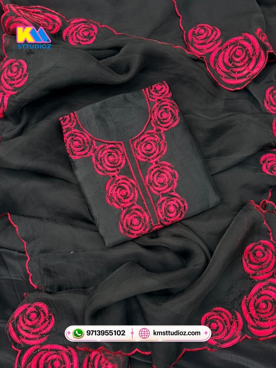 Black Beauty Pure Organza Floral Designer Suit Set
