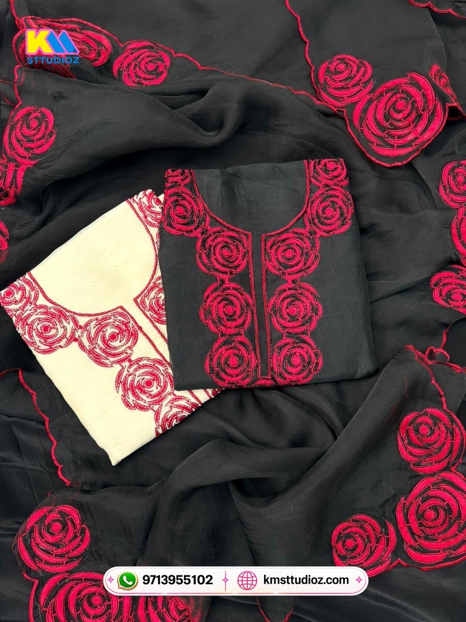 Black Beauty Pure Organza Floral Designer Suit Set