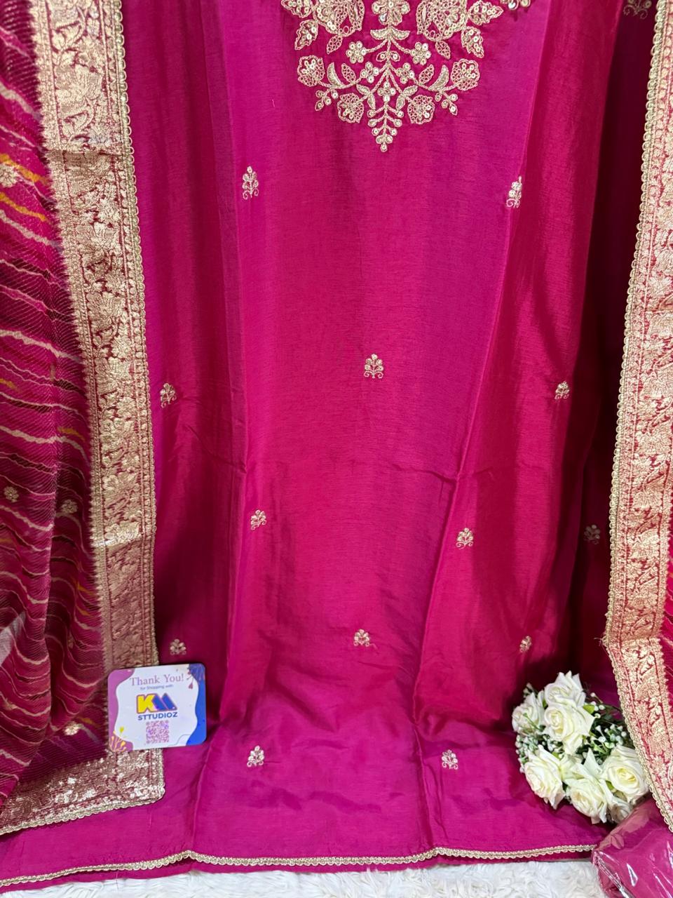 Dola Silk Zardozi Designer Suit Set with Lehariya Dupatta