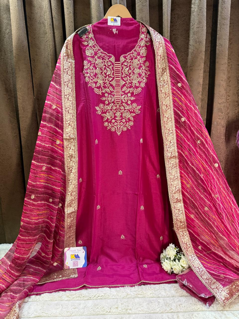 Dola Silk Zardozi Designer Suit Set with Lehariya Dupatta
