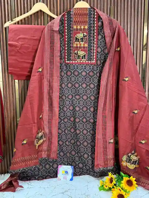 Jaipuri Cotton Ajrakh Thread Embroidery Designer Kurta Set