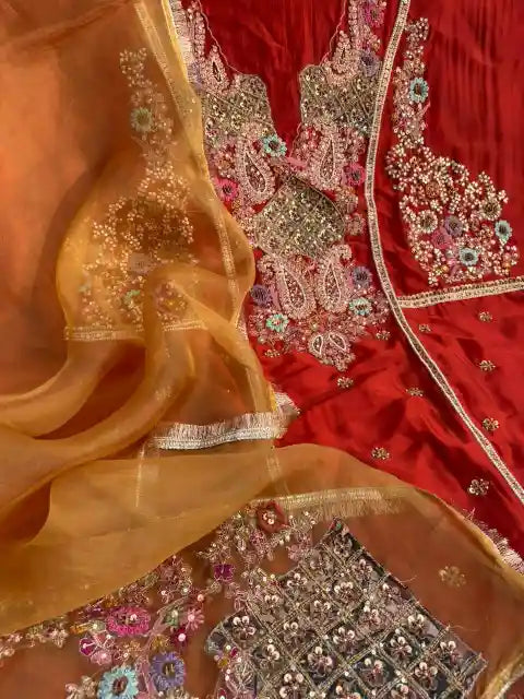 Pure Satin Organza Hand-Embroidered Couture Suit Set