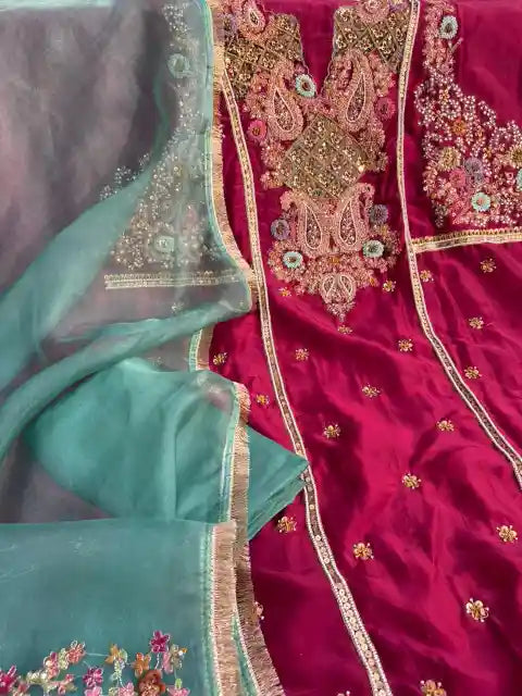 Pure Satin Organza Hand-Embroidered Couture Suit Set