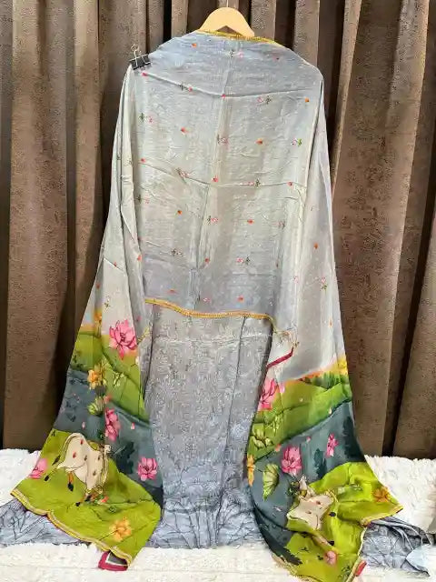 Pichwai Lotus & Cow Art-Inspired Pure Crepe Designer Suit Set