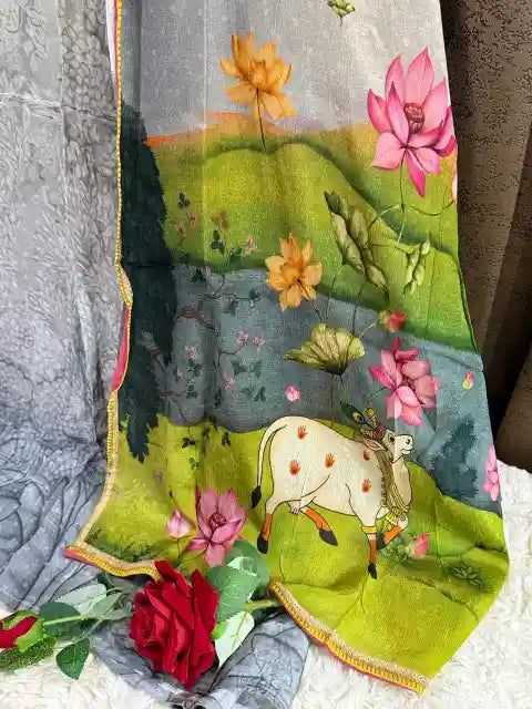 Pichwai Lotus & Cow Art-Inspired Pure Crepe Designer Suit Set