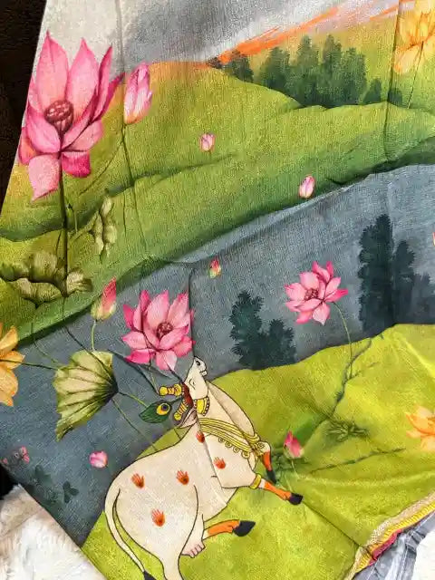 Pichwai Lotus & Cow Art-Inspired Pure Crepe Designer Suit Set
