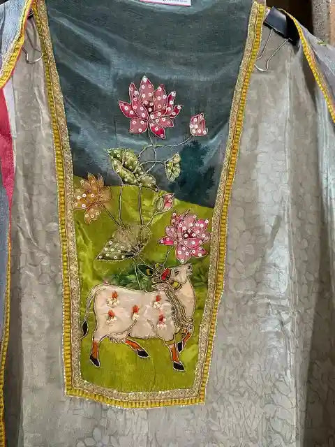 Pichwai Lotus & Cow Art-Inspired Pure Crepe Designer Suit Set