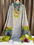Pichwai Lotus & Cow Art-Inspired Pure Crepe Designer Suit Set