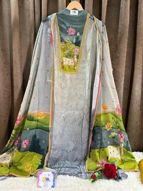 Pichwai Lotus & Cow Art-Inspired Pure Crepe Designer Suit Set