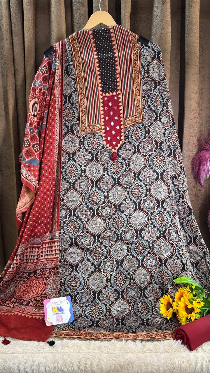 Premium Mashru Silk with authentic Ajrakh hand-block print