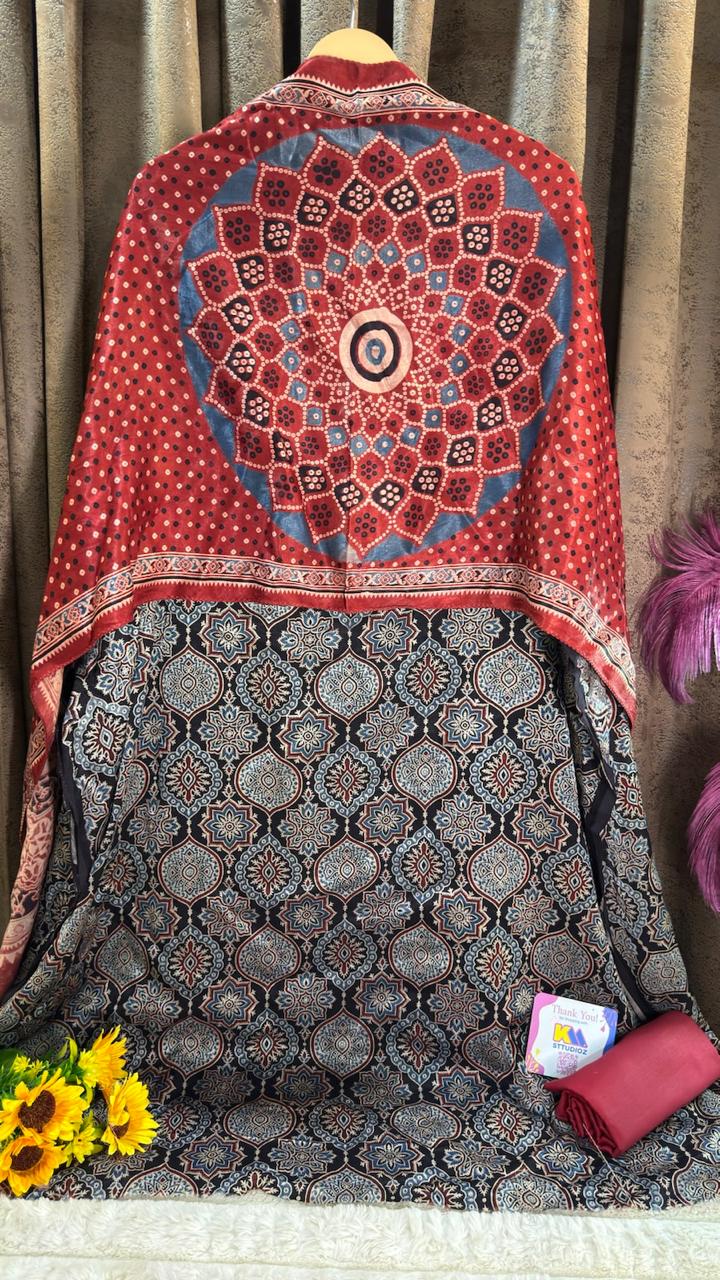 Premium Mashru Silk with authentic Ajrakh hand-block print