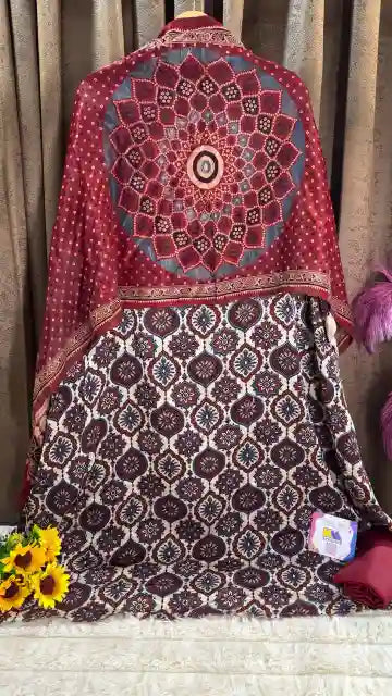 Product Title Ajrakh Mashru Silk Heritage Designer Suit Set