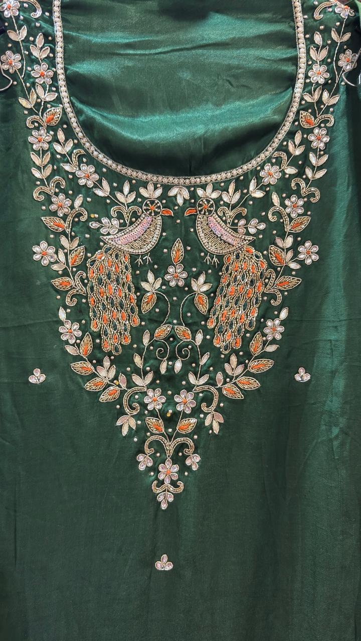 Emerald Green Bird Motif Silk Designer Suit Set
