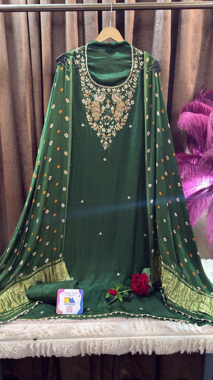 Emerald Green Bird Motif Silk Designer Suit Set