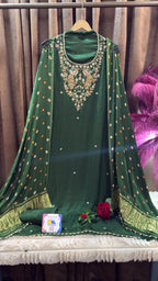 Emerald Green Bird Motif Silk Designer Suit Set