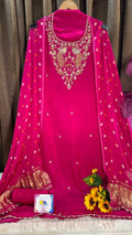 Hot rani pink Bird Motif Gajji Silk Designer Suit Set