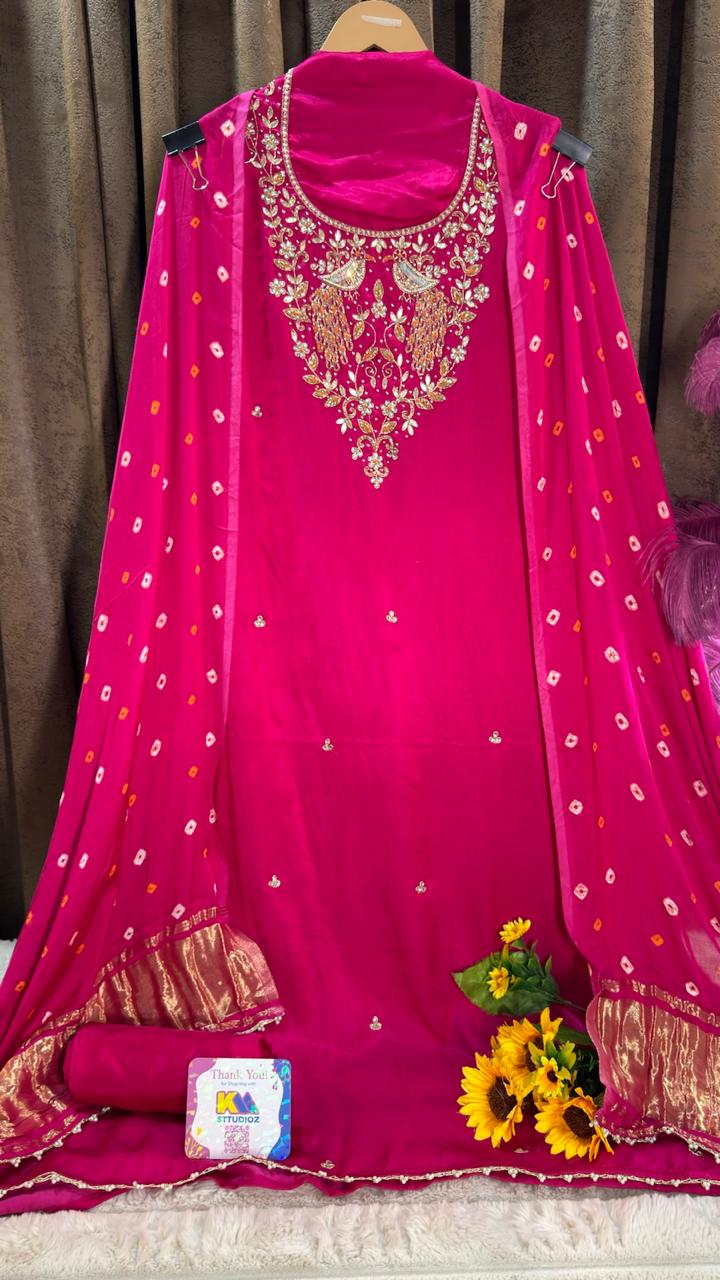 Hot rani pink Bird Motif Gajji Silk Designer Suit Set