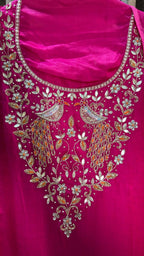 Hot rani pink Bird Motif Gajji Silk Designer Suit Set