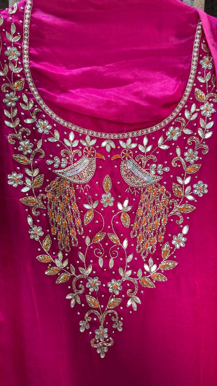 Hot rani pink Bird Motif Gajji Silk Designer Suit Set