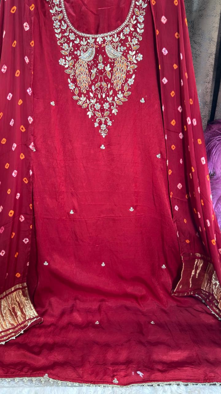 Deep ruby red Bird Motif Silk Designer Suit Set