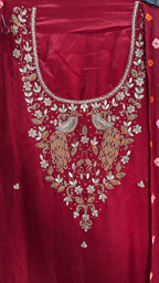 Deep ruby red Bird Motif Silk Designer Suit Set