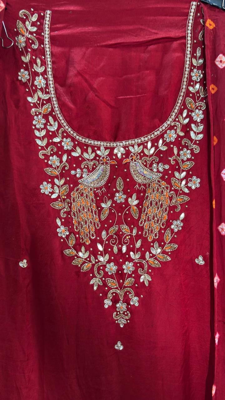 Deep ruby red Bird Motif Silk Designer Suit Set