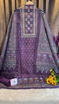 Royal Plum Raw Silk Jaipuri Print Designer Suit Set