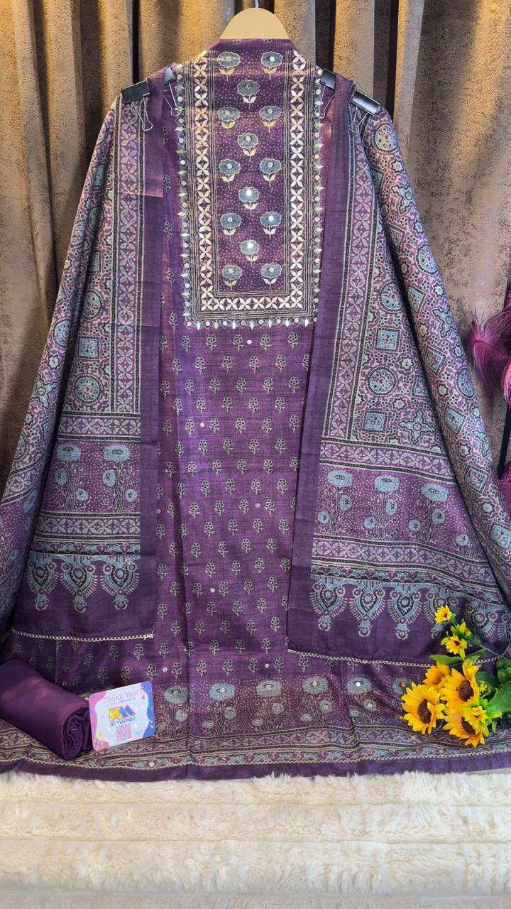 Royal Plum Raw Silk Jaipuri Print Designer Suit Set