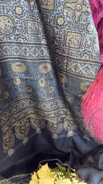 Royal Navy Blue Raw Silk Jaipuri Print Designer Suit Set
