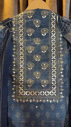 Royal Navy Blue Raw Silk Jaipuri Print Designer Suit Set
