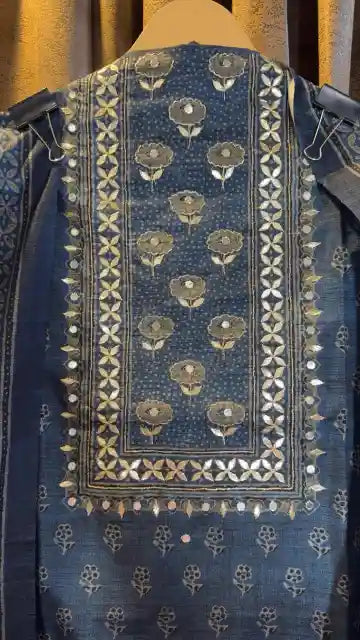 Royal Navy Blue Raw Silk Jaipuri Print Designer Suit Set