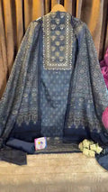 Royal Navy Blue Raw Silk Jaipuri Print Designer Suit Set