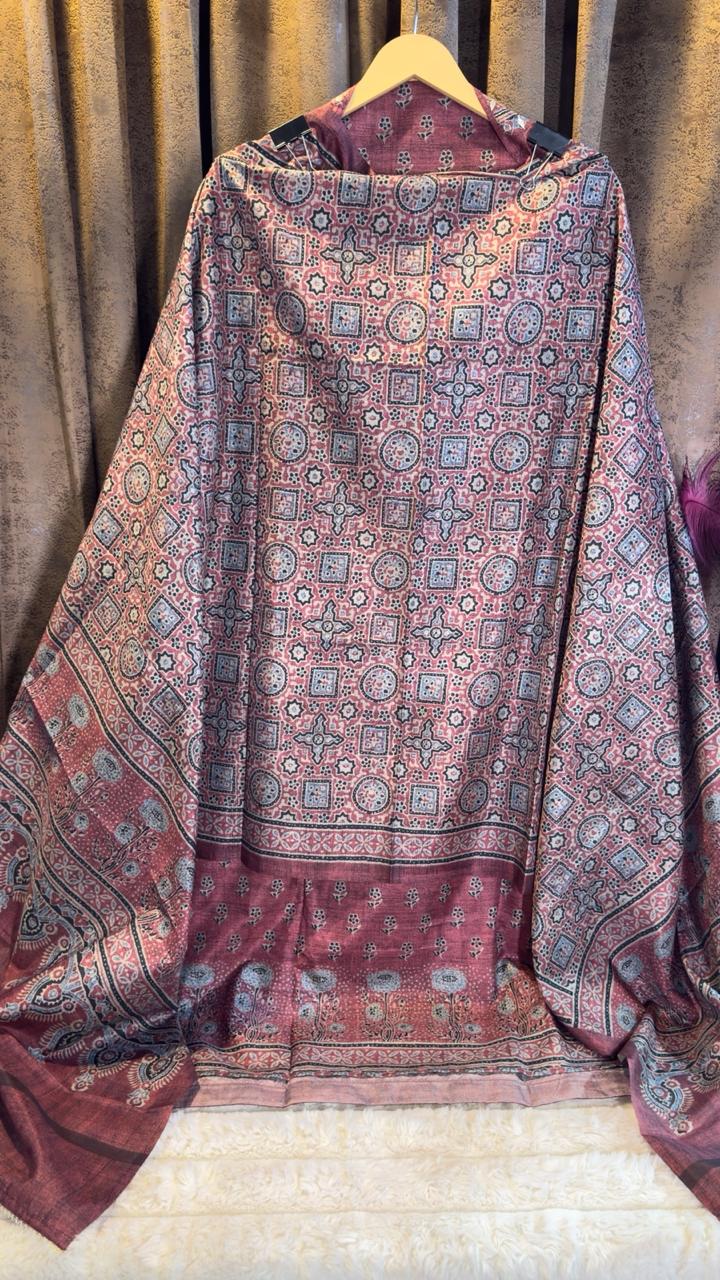 Dusty Rose Mauve Raw Silk Jaipuri Print Designer Suit Set
