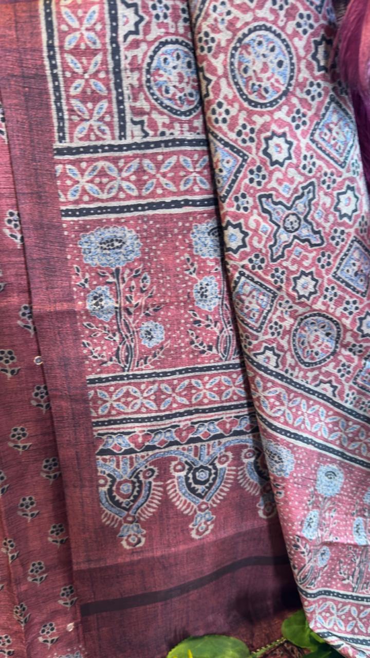 Dusty Rose Mauve Raw Silk Jaipuri Print Designer Suit Set