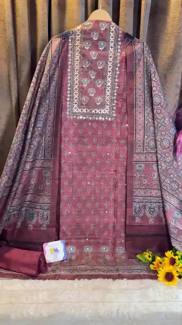 Dusty Rose Mauve Raw Silk Jaipuri Print Designer Suit Set